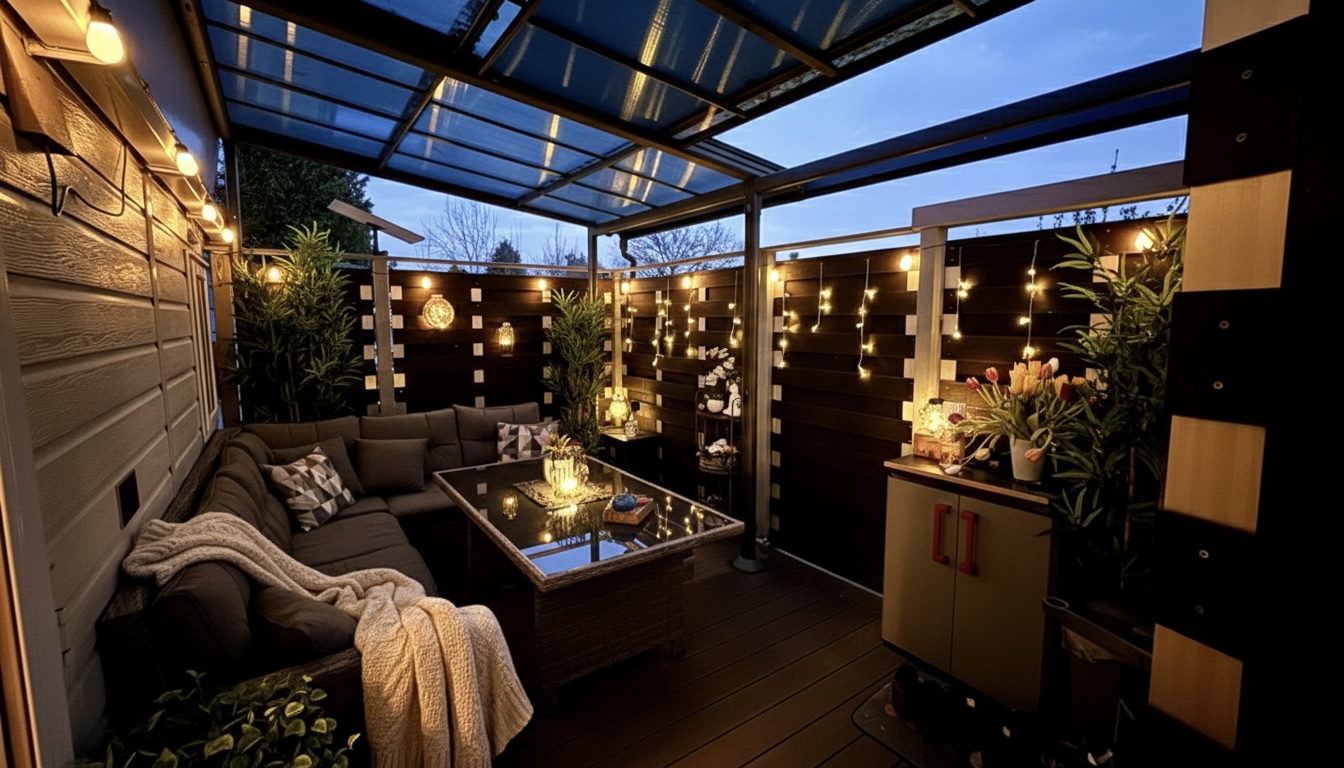 Unsere Terrasse am Mobilhome am Abend